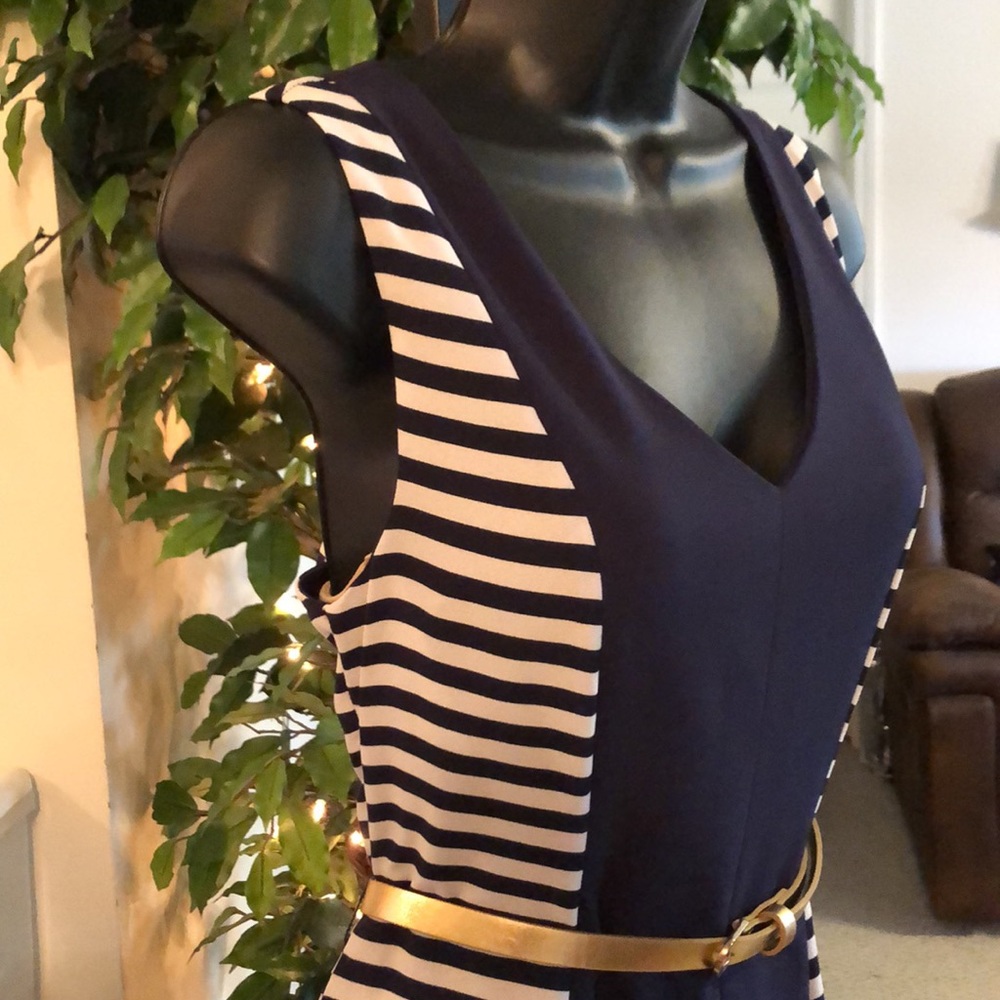 Navy & White Striped Dress with a Gold Belt - Picture 7 of 10